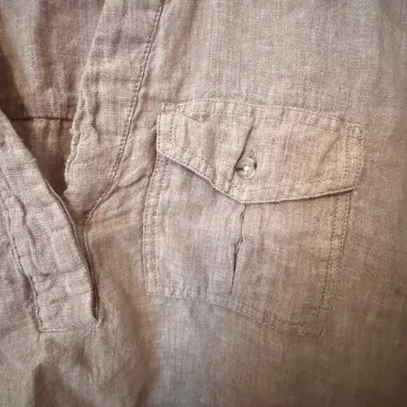Nicole Miller 100% Linen Tan Button Down Shirt - Picture 2 of 4